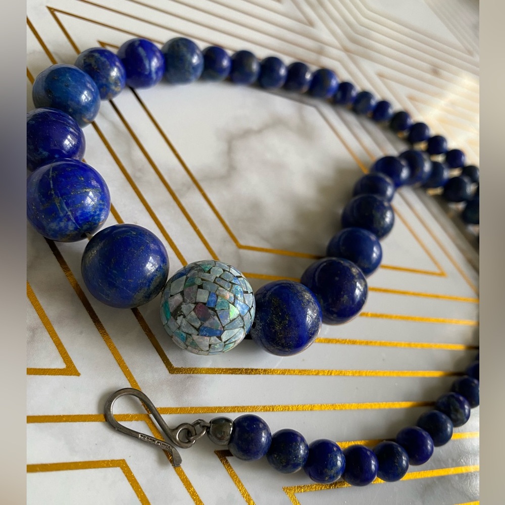 Blue Lapis Lazuli Beaded Necklace .925 Stamped Clasp Vintage Vibes!
